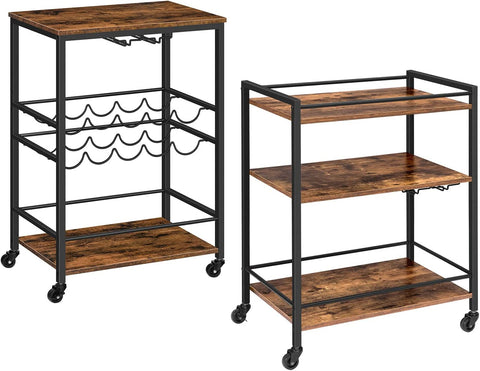 Bar Cart, 3-Tier Rolling Serving Cart on Wheels, Storage Cart with 2-Tier Glass Holder and Wine Bottle Racks