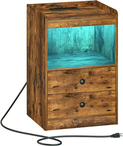 Nightstand with Charging Station and LED Light, End Table with Drawers and Storage Shelf, Side Table with USB Ports and Outlets