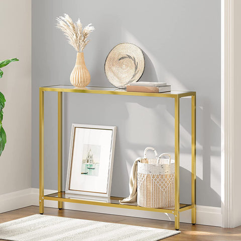 Gold Console Table, Tempered Glass Sofa Table, Narrow Entryway Table