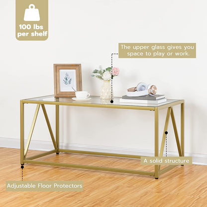Glass Coffee Table, 1-Layer Glass Table with Golden Steel Frame, Living Room Table
