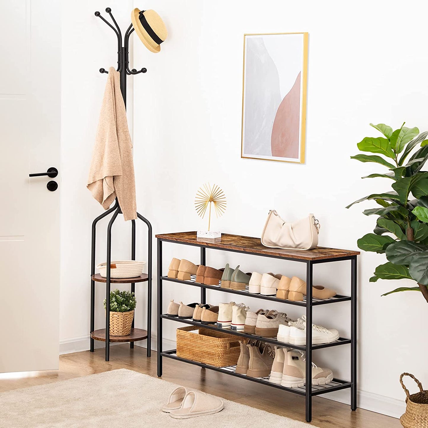 Shoe Rack, 4-Tier Shoe Shelf, Industrial Shoe Storage Organizer with 3 Metal Mesh Shelves