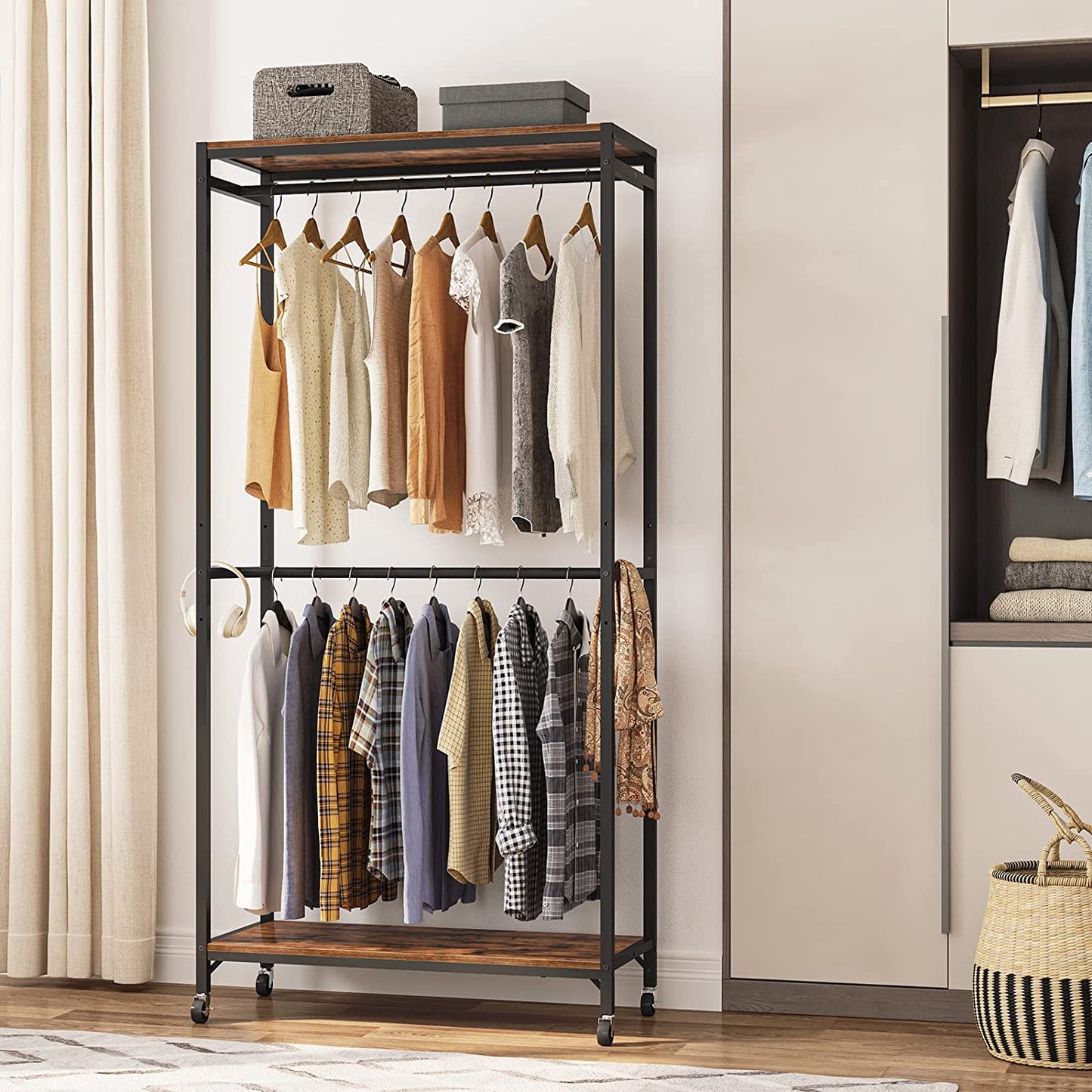 Clothes Rack, Heavy Duty Adjustable Clothing Rack Rolling Garment Rack with Shelves