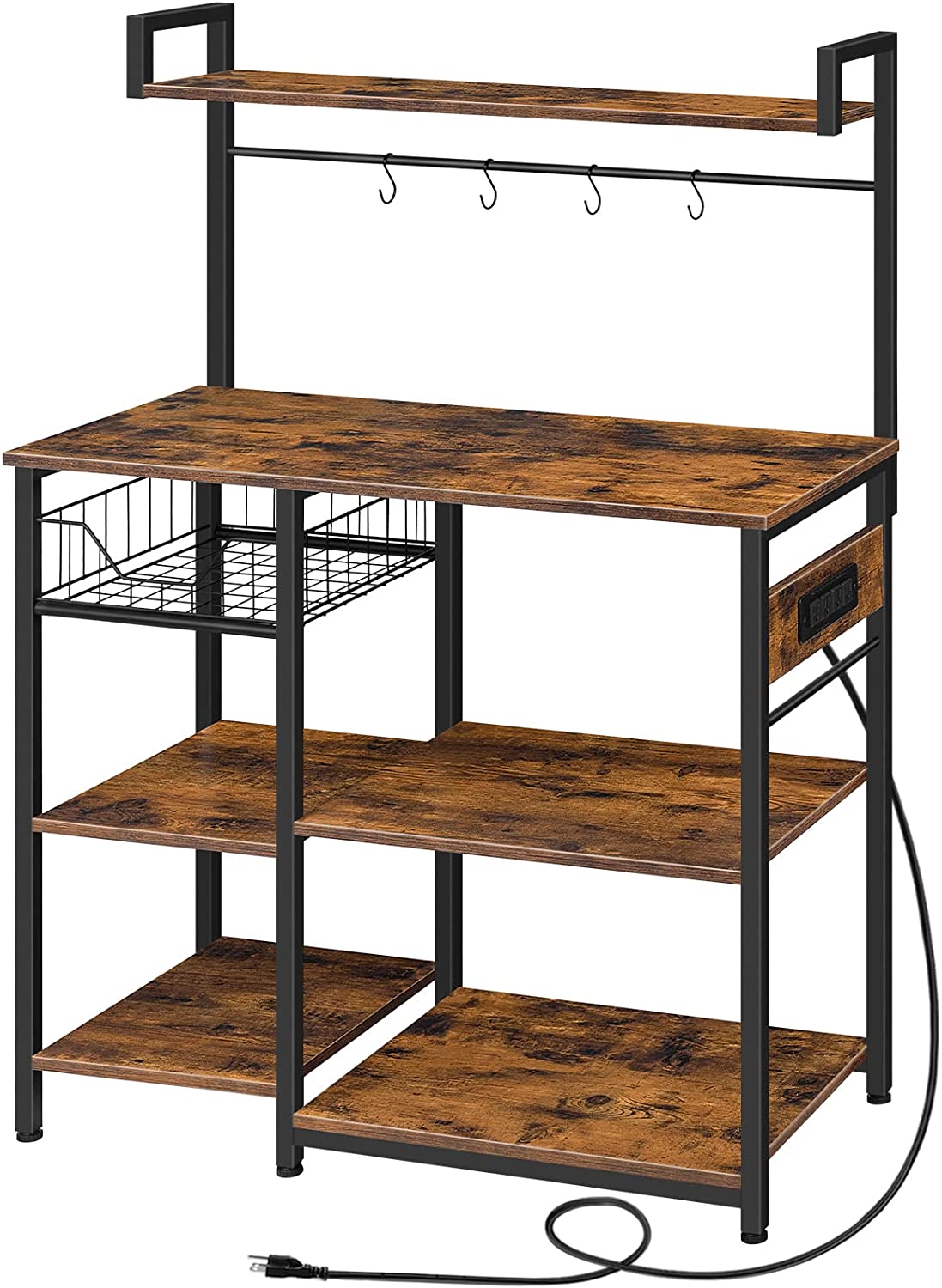 Bakers Rack with Power Outlet, Microwave Stand with Mesh Basket, Coffee Station, Kitchen Shelf