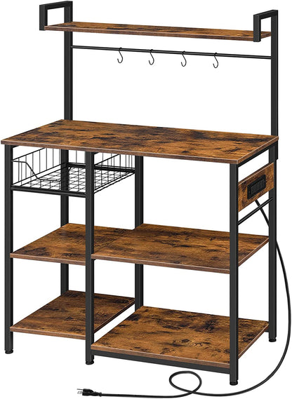 Bakers Rack with Power Outlet, Microwave Stand with Mesh Basket, Coffee Station, Kitchen Shelf