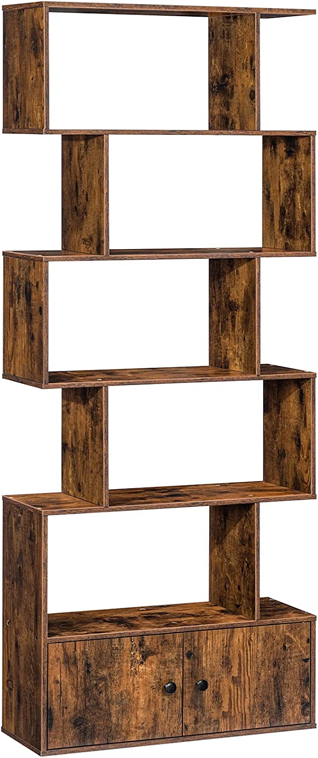 Bookshelf with Cabinet, 6-Tier Bookcase with Doors, S-Shaped Wooden Shelves, Freestanding Storage Rack Rustic Book Shelf