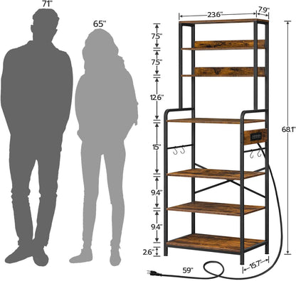 Bakers Rack with Power Outlet, Microwave Stand with 4 S-Shaped Hooks, 7-Tier Kitchen Shelves, Coffee Station