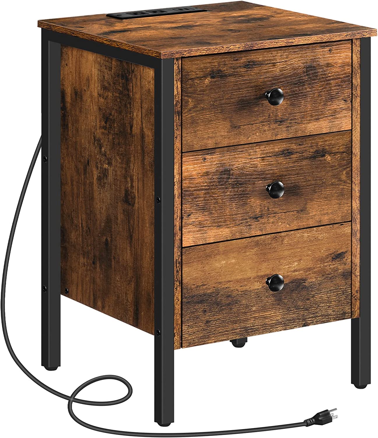 Nightstand, End Table with Charging Station and USB Ports, Side Table with 3 Drawers and Storage Shelf