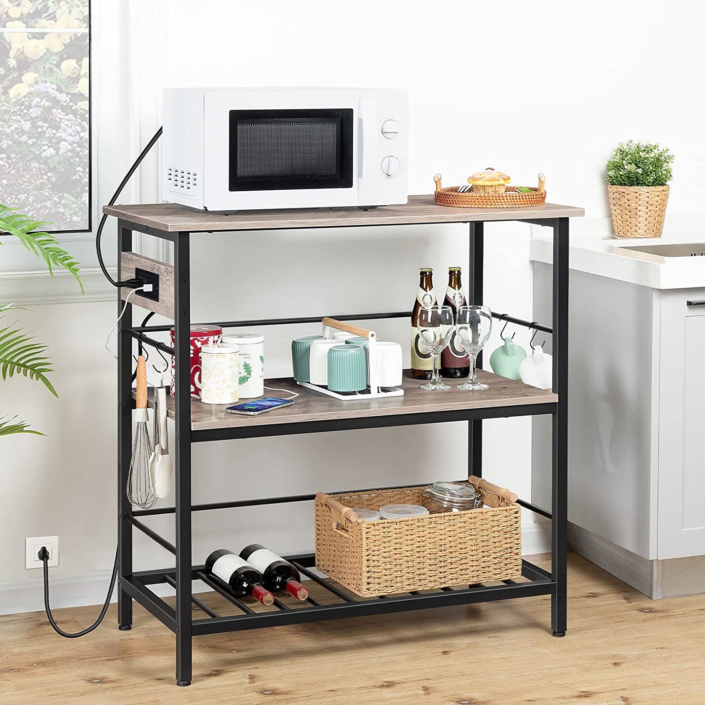 Kitchen Island with Power Outlet, Kitchen Storage Island with Wine Rack and Hooks, 3 Tier Coffee Station and Microwave Stand