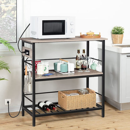 Kitchen Island with Power Outlet, Kitchen Storage Island with Wine Rack and Hooks, 3 Tier Coffee Station and Microwave Stand