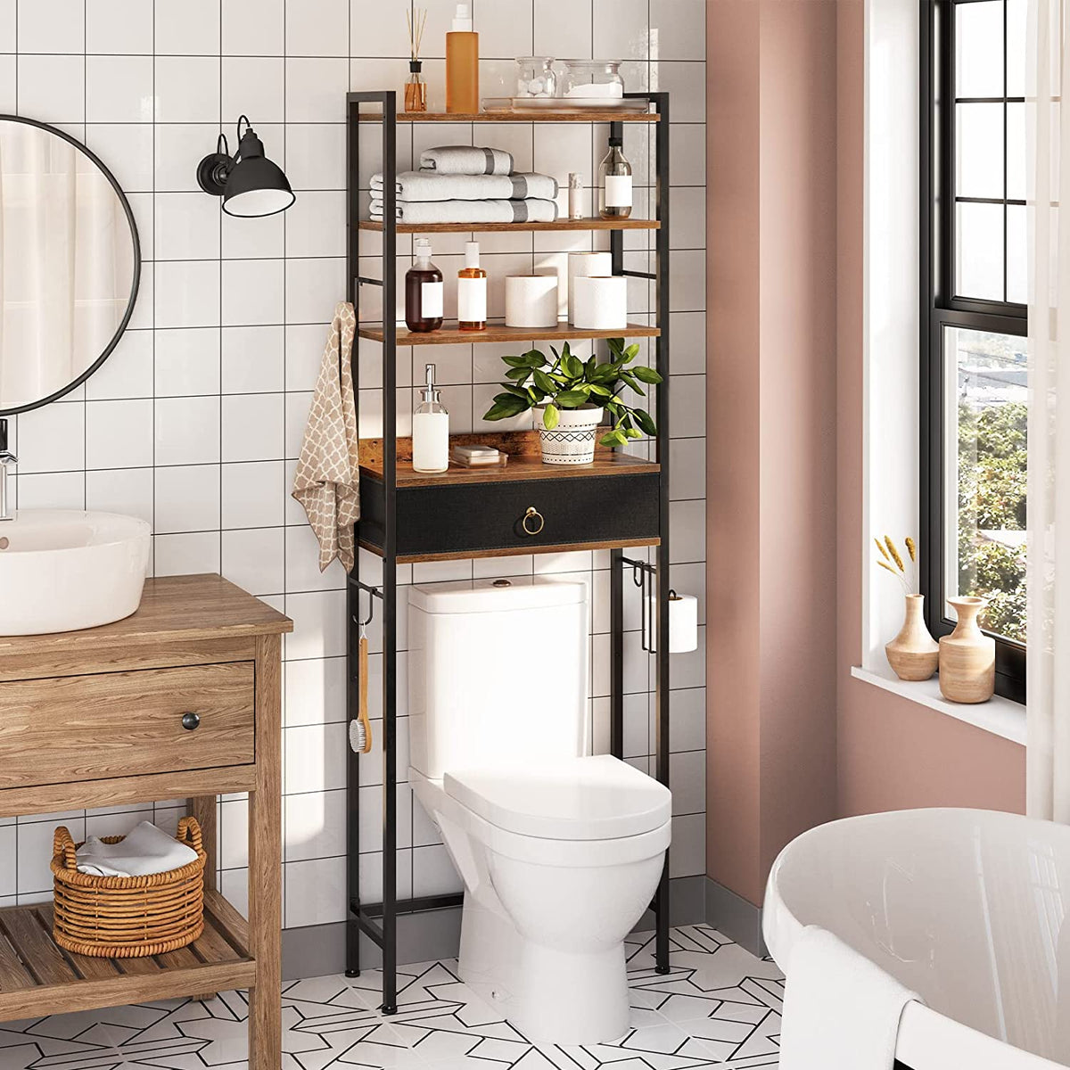 Over The Toilet Storage, 5 Tier Bathroom Organizer with Storage Drawer