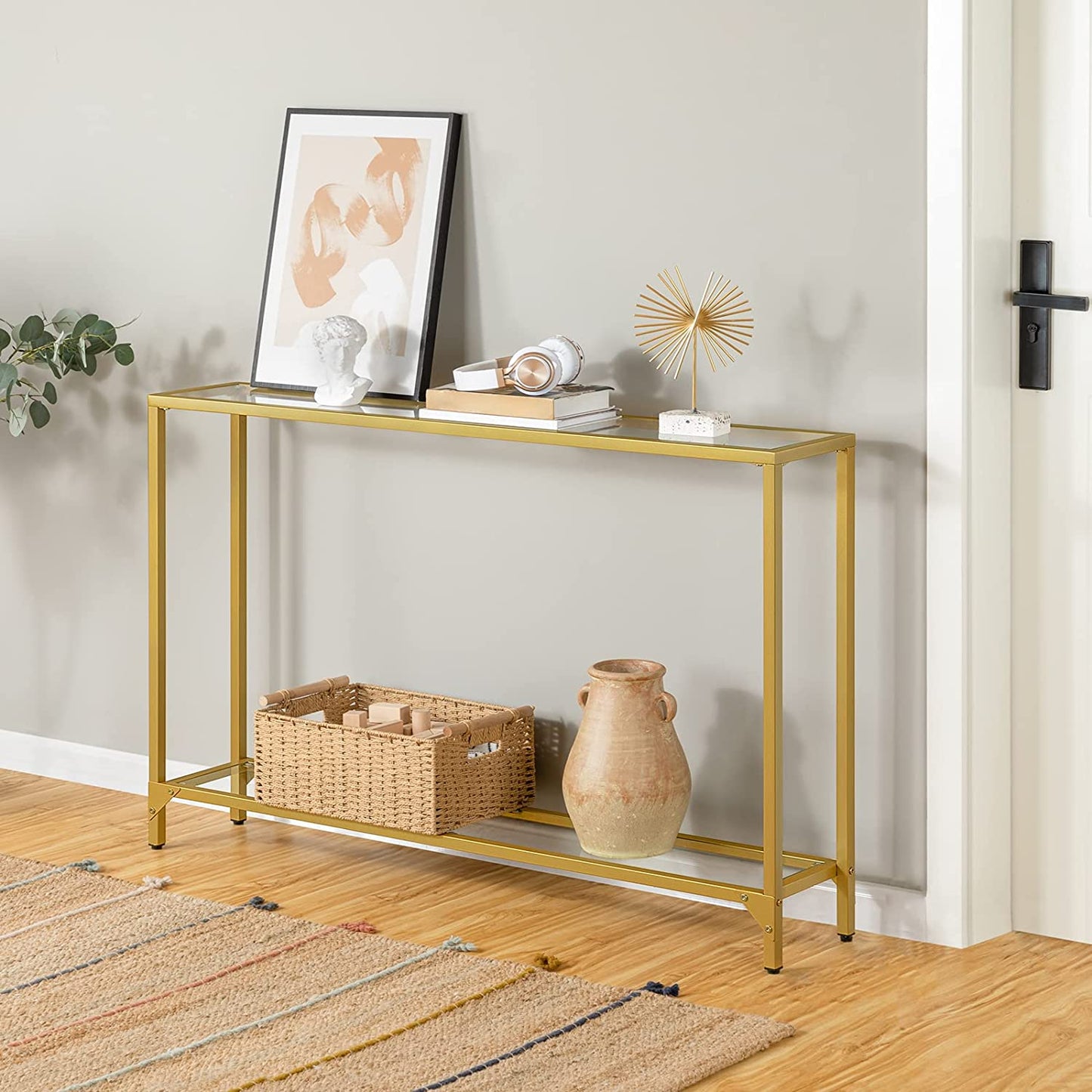 Gold Console Table, Narrow Tempered Glass Entryway Table, Sofa Table Behind Couch