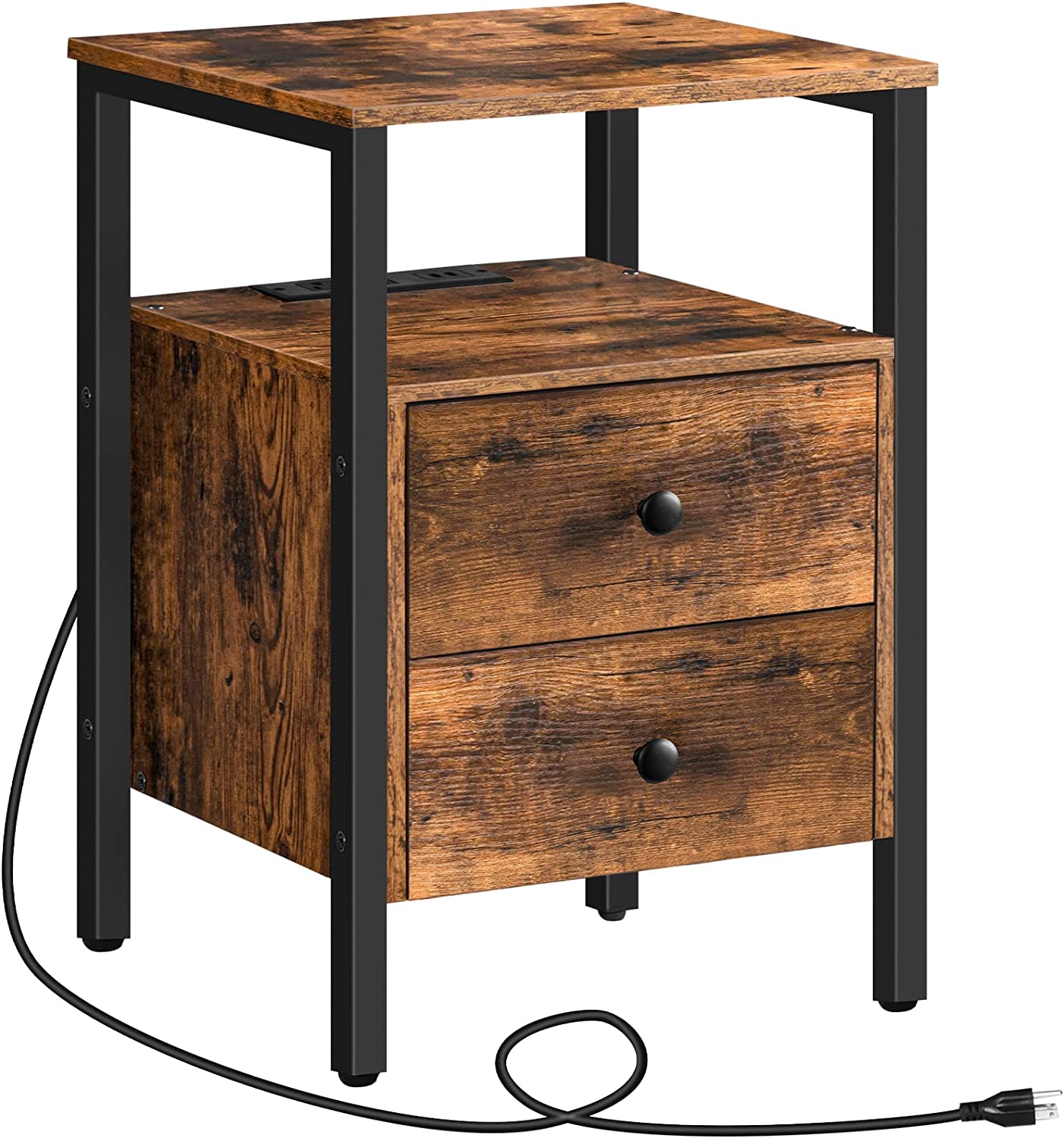 End Table with Charging Station, Side Table with 2 Drawer & USB Ports & Power Outlets, Nightstand