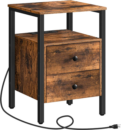 End Table with Charging Station, Side Table with 2 Drawer & USB Ports & Power Outlets, Nightstand