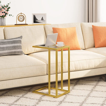 C Shaped End Table, Tempered Glass Snack Side Table with Metal Frame, TV Tray Table