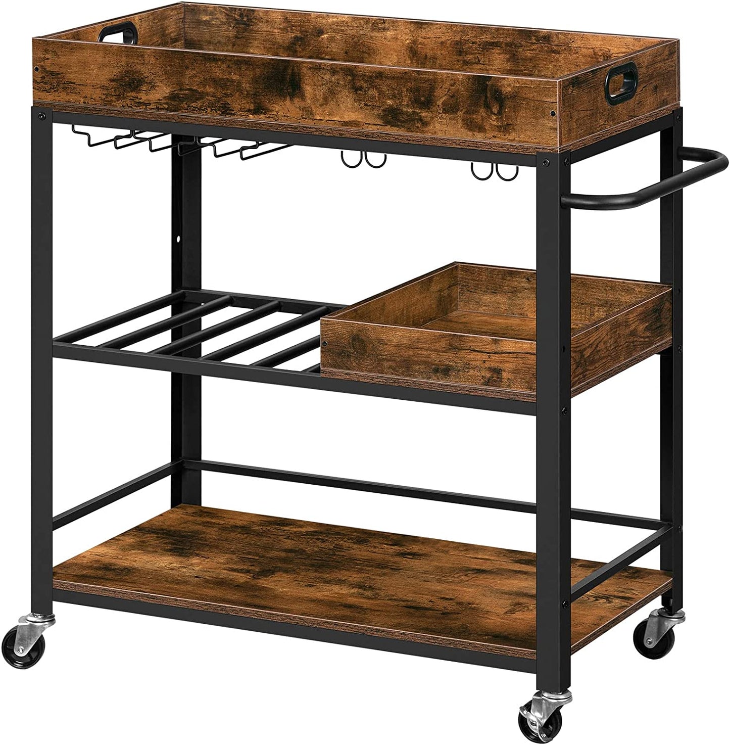 Bar Cart, Serving Cart with Removable Tray, Kitchen Cart with Wine Rack and Cup Holders, Lockable Castors
