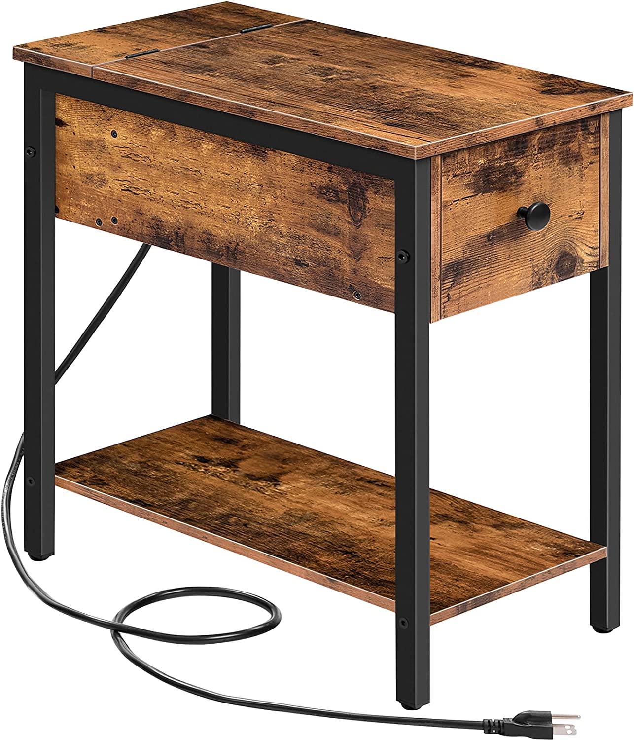 Side Table with Charging Station, Narrow Nightstand with Drawer, USB Ports & Power Outlets, End Table