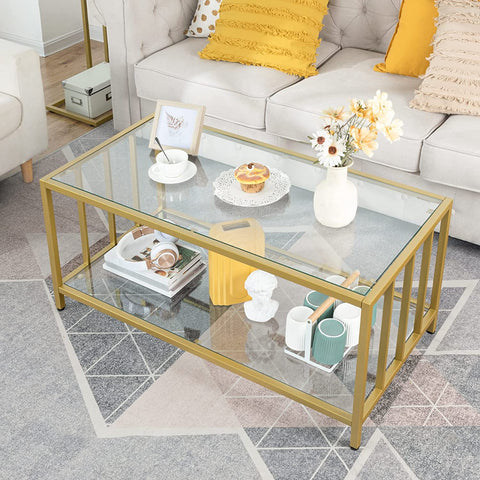 Glass Coffee Table, 2-Layer Gold Rectangle Coffee Table
