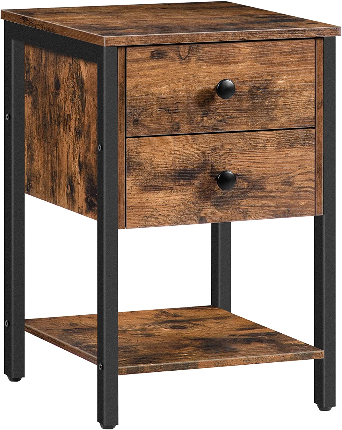Nightstand with 2 Drawers and Open Shelf, Industrial Square End Table, Bedside Table