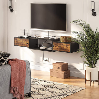 Floating TV Stand, TV Shelf with Power Outlet, Wall Mounted Media Console with Doors