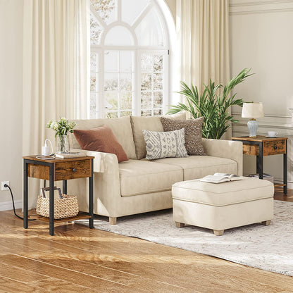 Set of 2 End Tables with Charging Station and USB Ports, Nightstand with Drawer and Storage Shelf