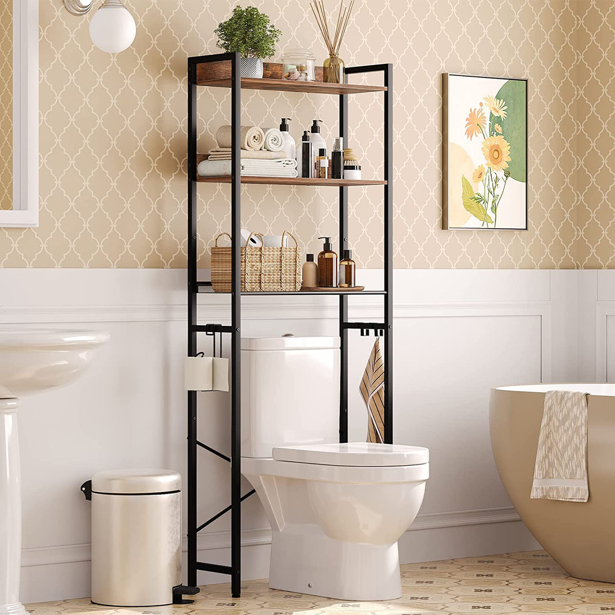Over The Toilet Storage, 3 Tier Over Toilet Bathroom Organizer with Paper Storage Holder and 4 Functional Hooks