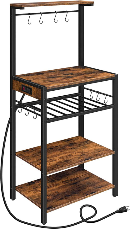 Bakers Rack with Power Outlet, 4-Tier Microwave Stand with Adjustable Wine Rack, Coffee Bar