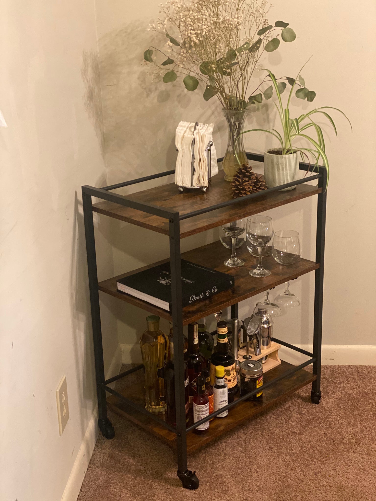 Bar Cart, Serving Cart with Wine Glasses Hooks, Rolling Kitchen Cart, Beverage Cart with Storage Shelves