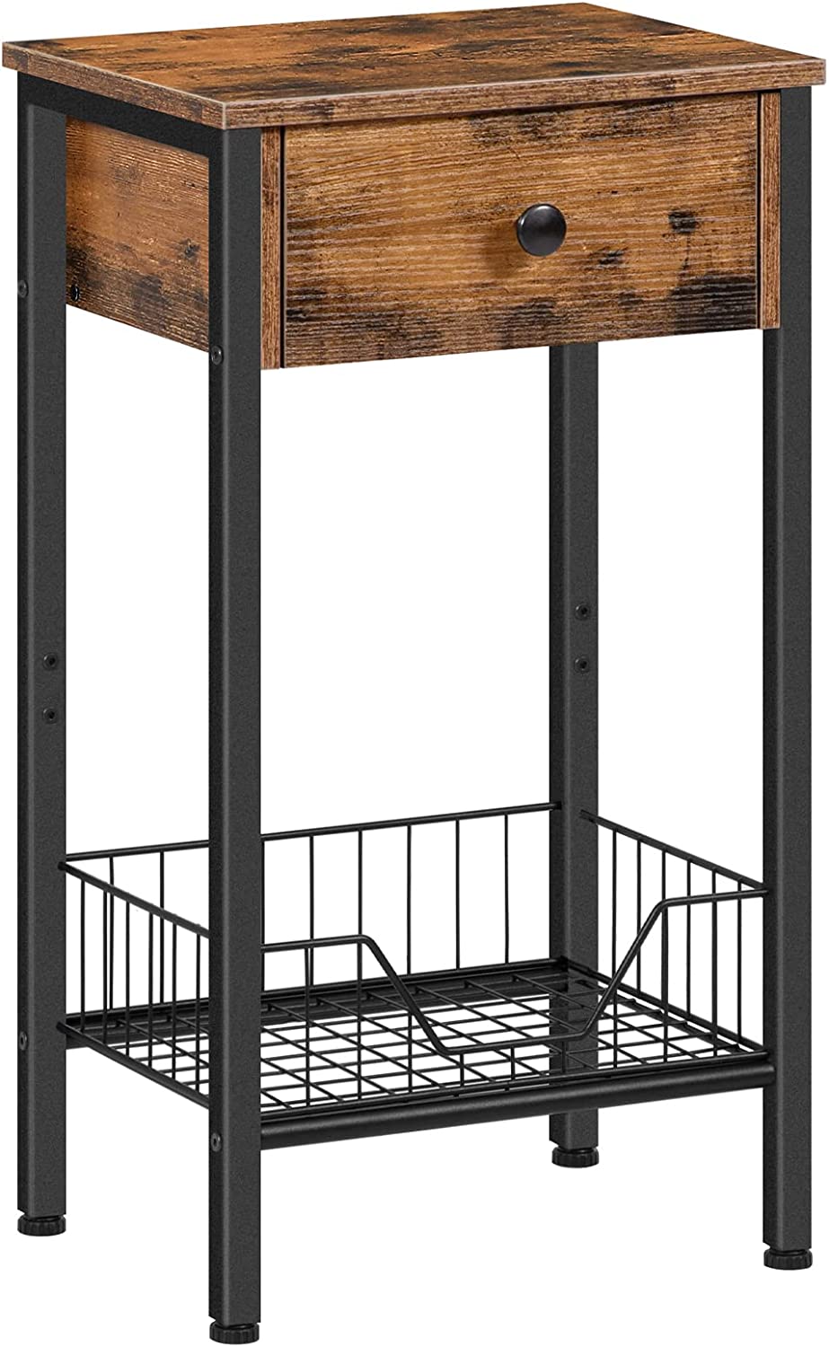 Tall Nightstand, End Table with Drawer and a mesh Steel Basket Black, Bedside Table
