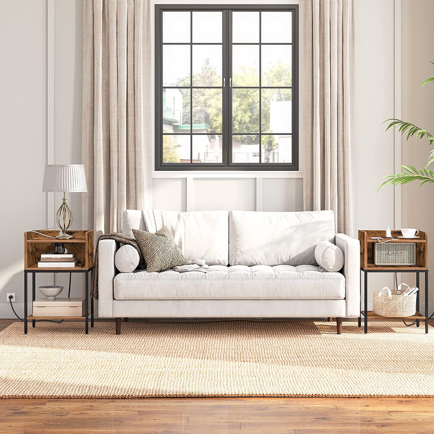 End Table with Charging Station, Nightstand with Open Drawer, Side Table with USB Ports and Outlets