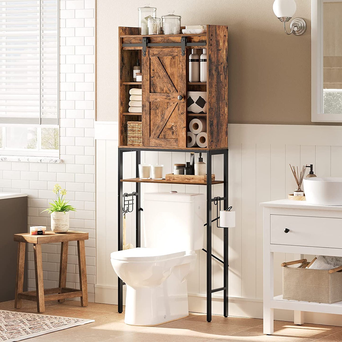 Over The Toilet Storage Cabinet, 5 Tier Over Toilet Bathroom Organizer with Sliding Door