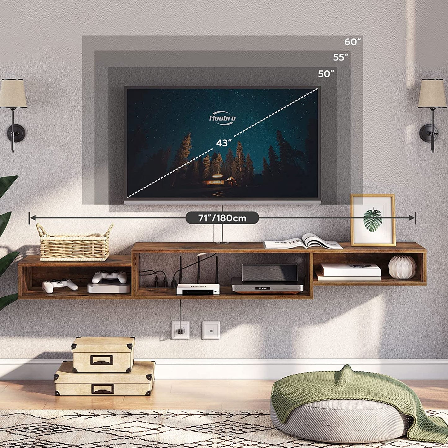 Floating TV Stand, Floating TV Shelf with Power Outlet, Wall Mounted TV Stand with Storage
