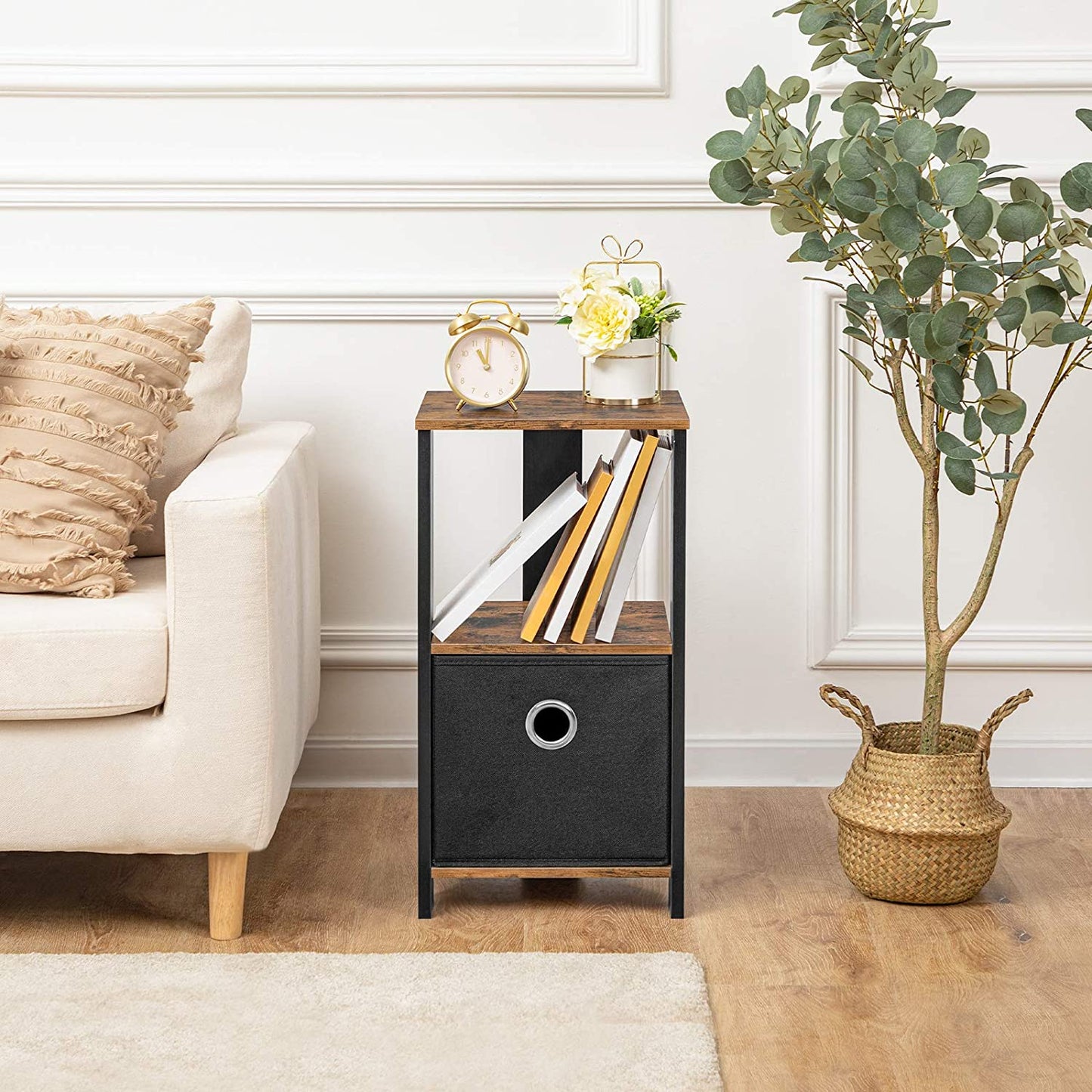 Bedside Table with Pull-Out Collapsible Storage Box, Retro Small Nightstand