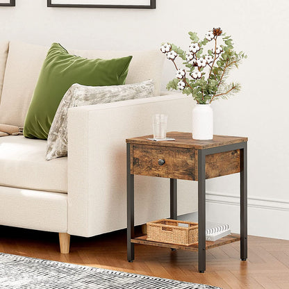 Nightstand, 2-Tier End Table, Industrial Side Table with Drawer and Storage Shelf