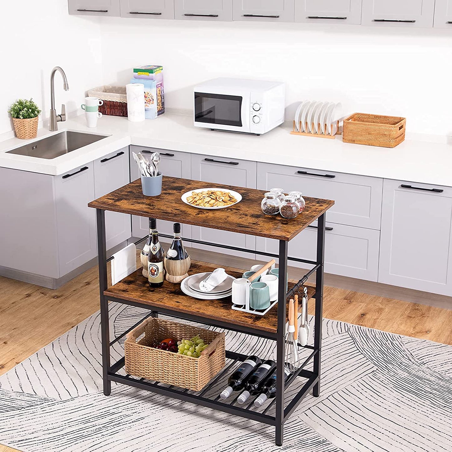 Kitchen Island with Wine Rack,Industrial Kitchen Counter with Hooks and Protective Rails, 3 Tier Kitchen Shelf