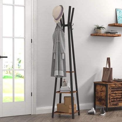 Coat Rack Freestanding, Coat Hanger Stand, Hall Tree with 3 Storage Shelves and Hooks