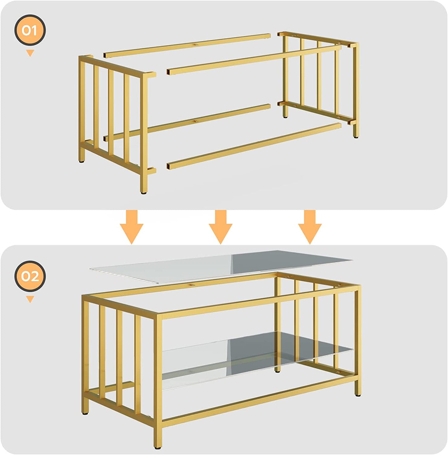 Glass Coffee Table, 2-Layer Gold Rectangle Coffee Table