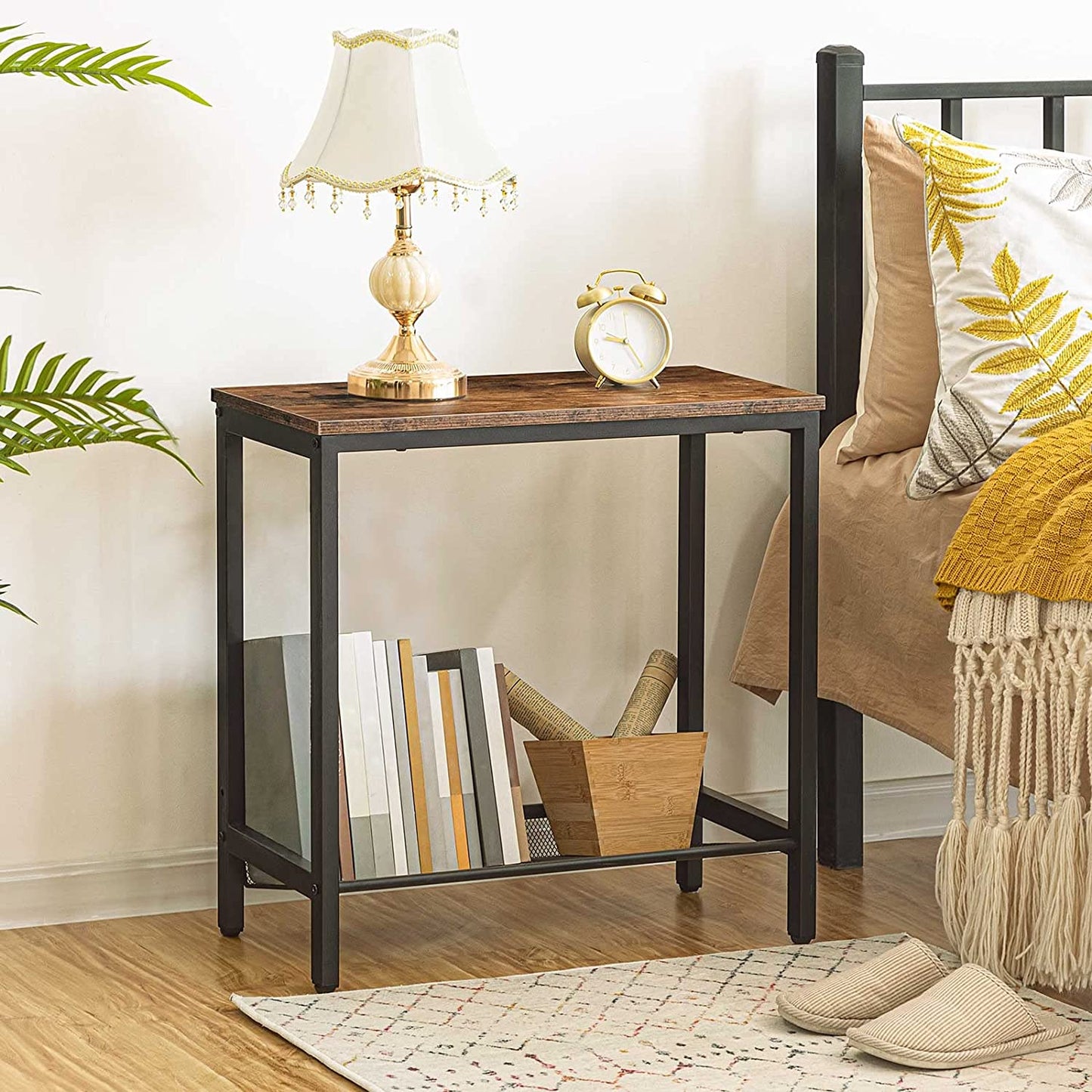 Side Table, Set of 2 Narrow Nightstands, Industrial End Table with Adjustable Mesh Shelf