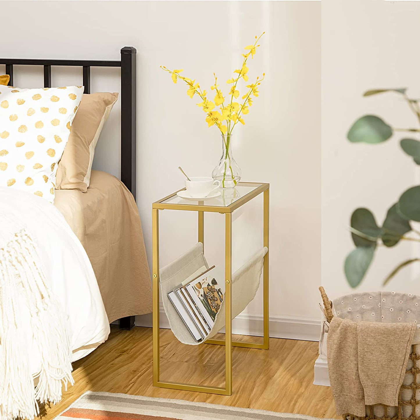 Narrow Side Table, Tempered Glass End Table with Fabric Magazine Sling, Small Coffee Accent Table