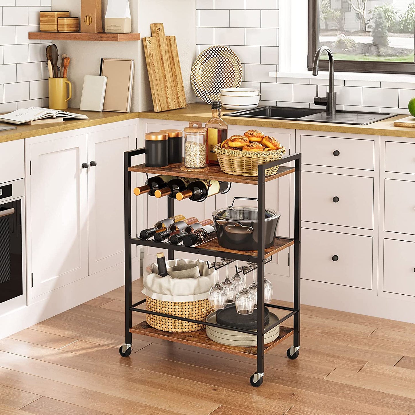 Bar Cart, 3-Tier Serving Cart on Wheels, Kitchen Cart with Wine Rack and Cup Holder