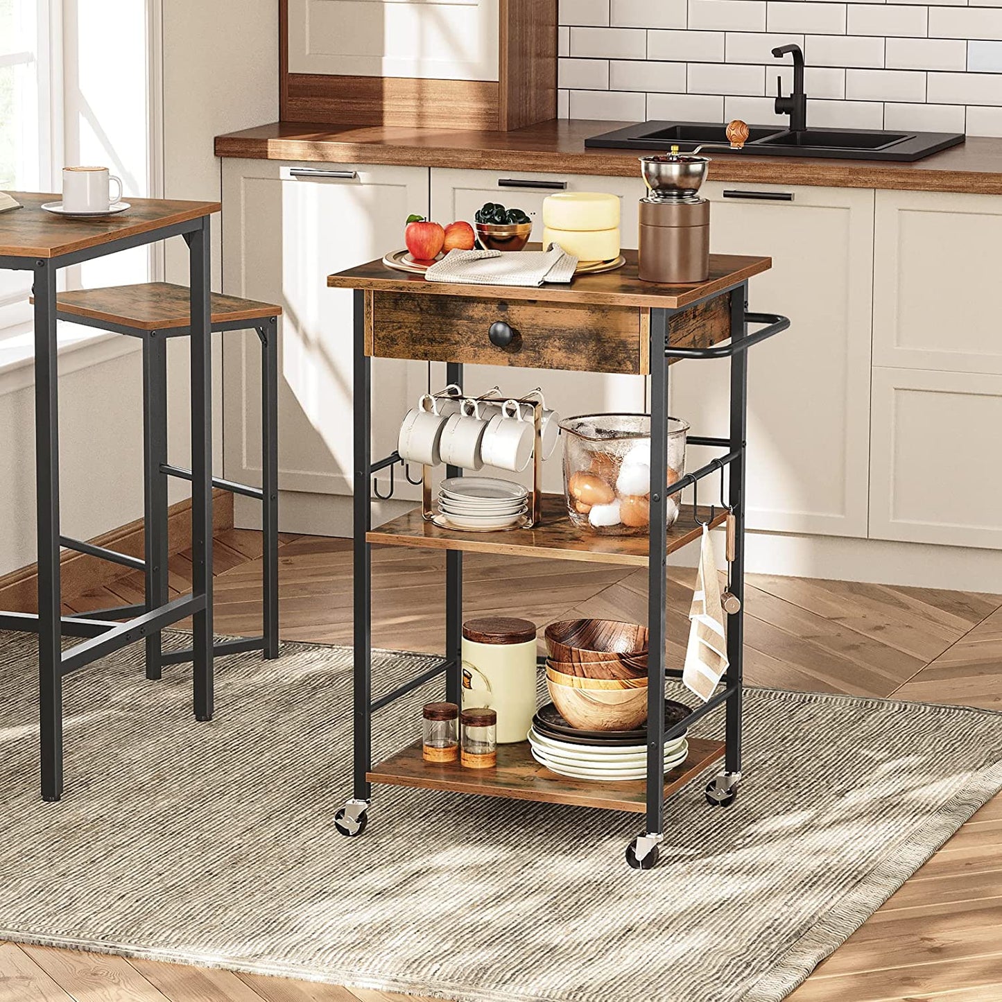 Kitchen Island Cart with Drawer, 3-Tier Storage Cart on Wheels, Kitchen Rolling Cart