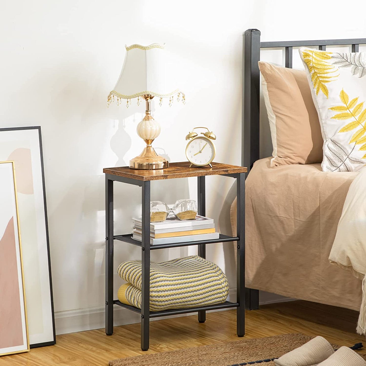 End Table, Nightstand with 2-Tier Mesh Shelves, Side Table