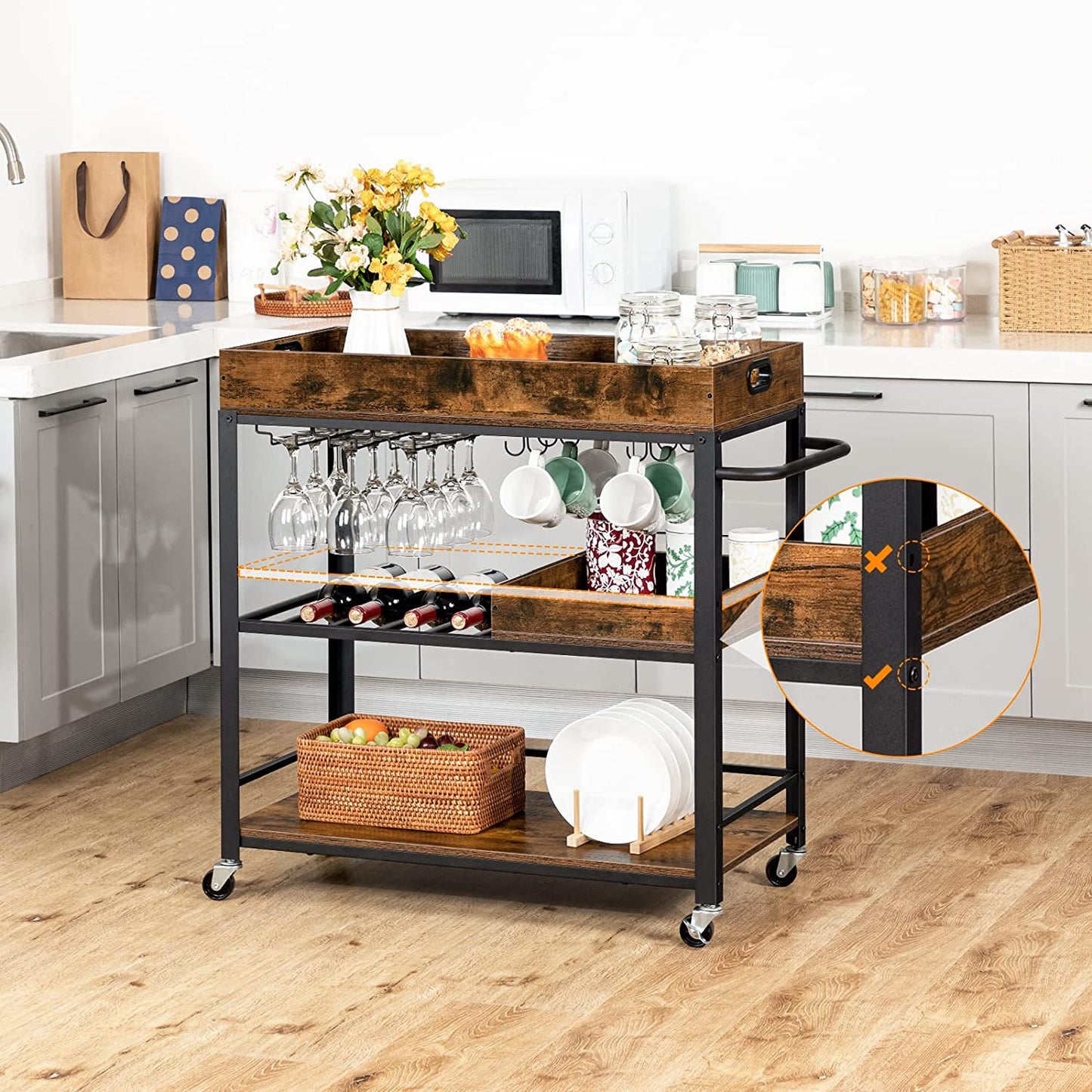 Bar Cart, Serving Cart with Removable Tray, Kitchen Cart with Wine Rack and Cup Holders, Lockable Castors
