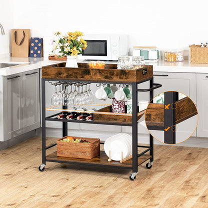 Bar Cart, Serving Cart with Removable Tray, Kitchen Cart with Wine Rack and Cup Holders, Lockable Castors