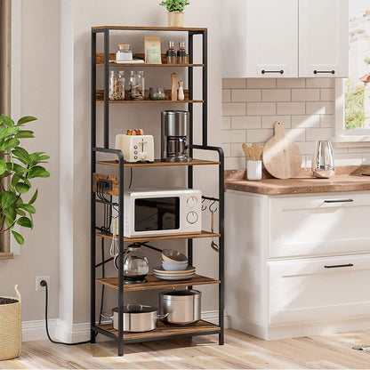 Bakers Rack with Power Outlet, Microwave Stand with 4 S-Shaped Hooks, 7-Tier Kitchen Shelves, Coffee Station