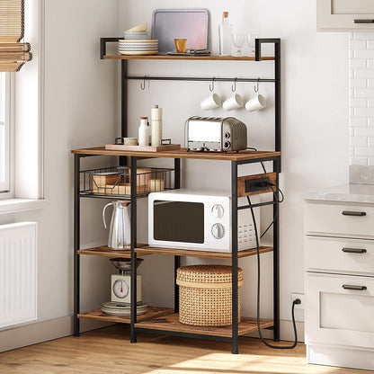 Bakers Rack with Power Outlet, Microwave Stand with Mesh Basket, Coffee Station, Kitchen Shelf