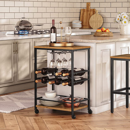 Bar Cart, 3-Tier Rolling Serving Cart on Wheels, Storage Cart with 2-Tier Glass Holder and Wine Bottle Racks