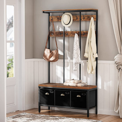 Hall Tree with Bench and Shoe Storage, Entryway Bench with Coat Rack,3 Storage Boxes, Top Storage Shelf