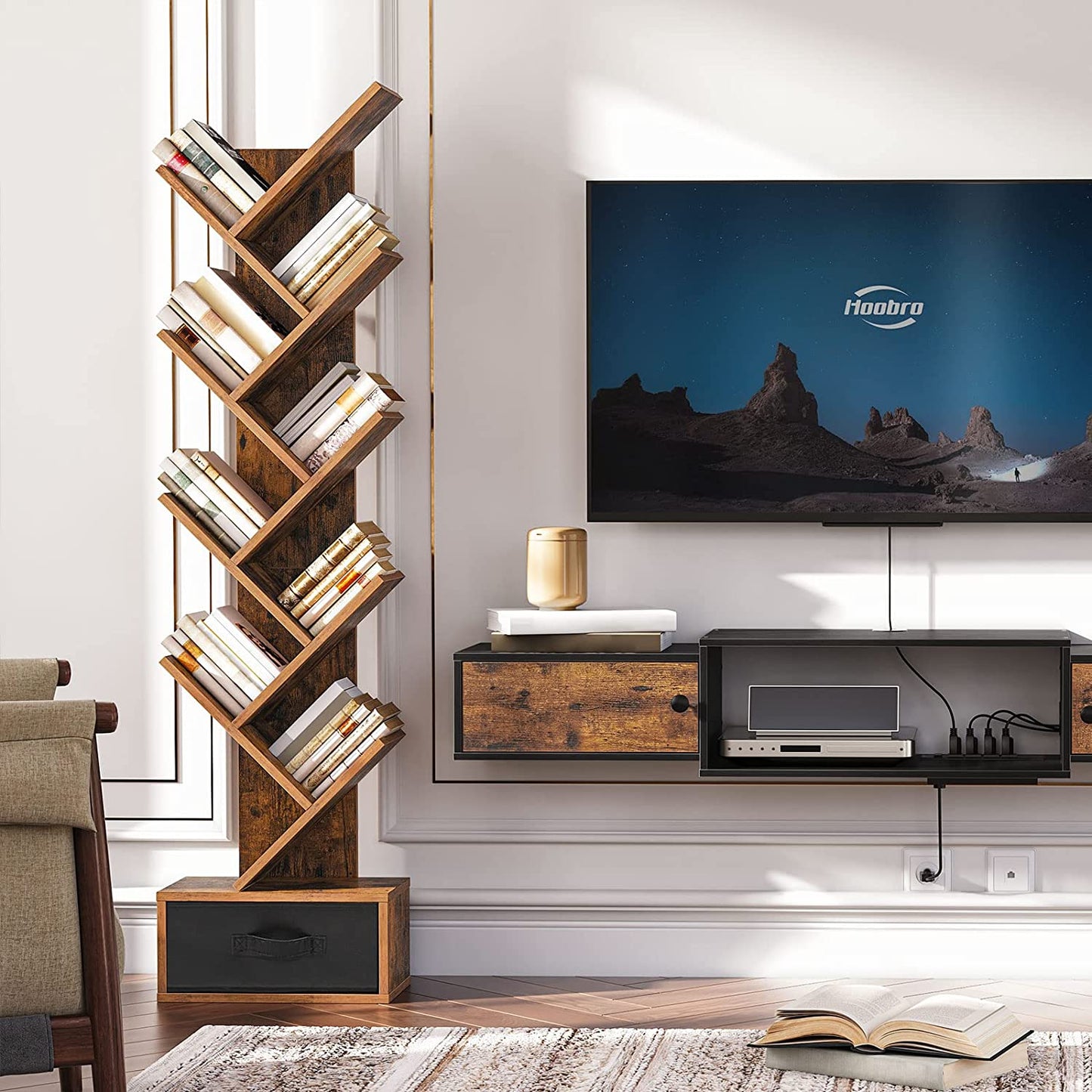 Bookshelf, 9-Tier Tree Bookcase, Wooden Free Standing Bookshelf
