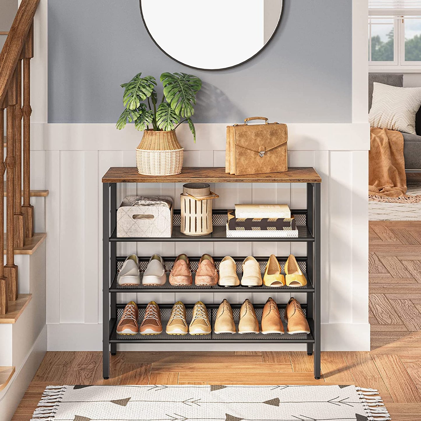 Industrial Shoe Rack, 4-Tier Shoe Shelf, Storage Organizer Unit with 3 Mesh Shelves