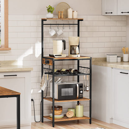 Bakers Rack with Power Outlet, 4-Tier Microwave Stand with Adjustable Wine Rack, Coffee Bar
